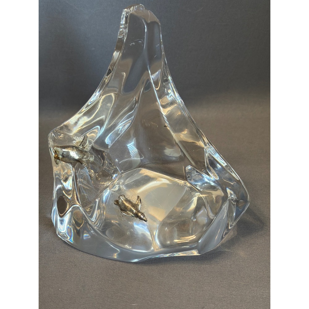 Franklin Mint 1987 Crystal Iceberg Paperweight Silver Metal Penguins Art Glass